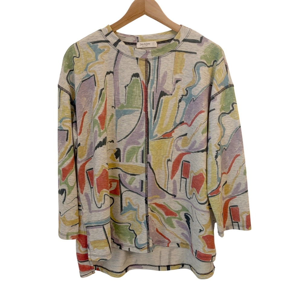 Jess & Jane Catalina Tunic Top L Artsy Abstract Relaxed Fit Colorful Casual USA